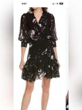 AllSaints Black and White Floral Ruffle Mini Dress